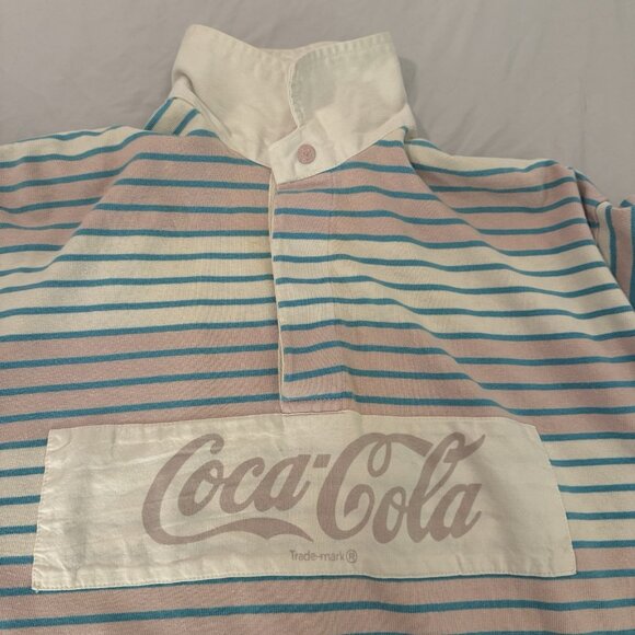 Vintage Coca-Cola 80s Shirt Polo Rugby Rare Pink Teal Stripes Coke Medium - Picture 10 of 10